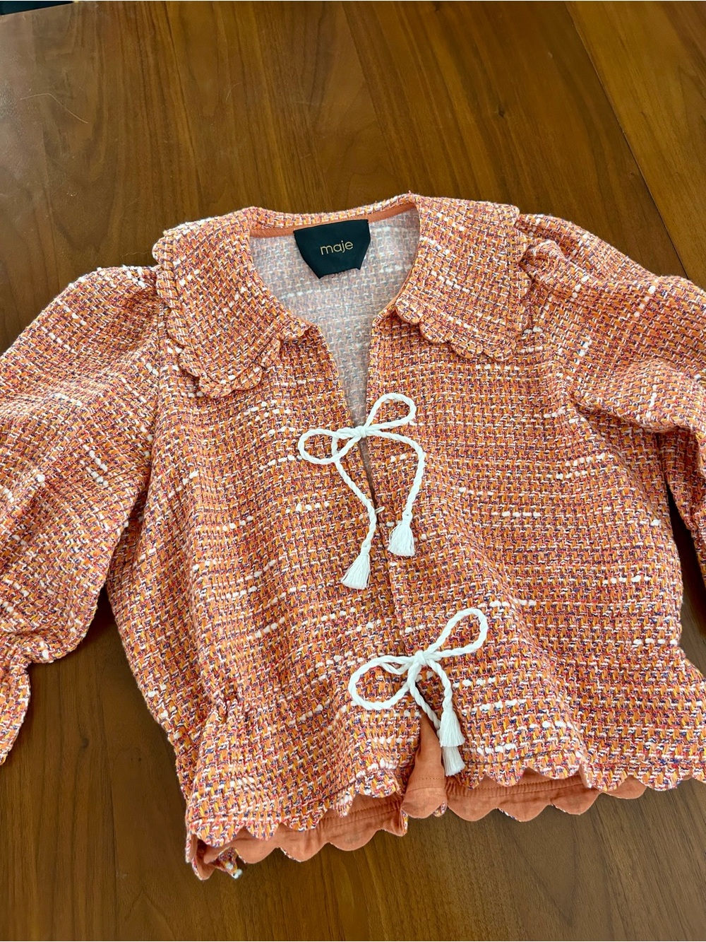 Maje Orange Tweed Tie Front Puff Sleeve Jacket Blazer Cropped